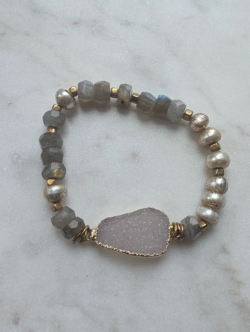 Artisan Labradorite & Lavender Druzy Quartz Beaded Stretch Bracelet